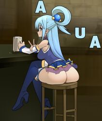 1girls aqua_(konosuba) ass beer blue_hair drinking dumptruck_ass from_behind hair_ornament huge_ass kono_subarashii_sekai_ni_shukufuku_wo! long_hair looking_at_viewer myahogao sitting solo