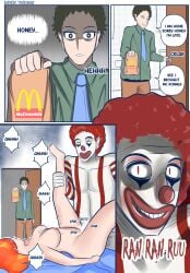 1girls 2boys cheating cheating_female cheating_wife clown comic creepy cuckold cuckolding dad_(japanese_mcdonald's_commercial) dialogue grin mcdonald's melonssegar missionary_position mom_(japanese_mcdonald's_commercial) netorare ntr nude nude_female red_eyes ronald_mcdonald smile text yoru_mac