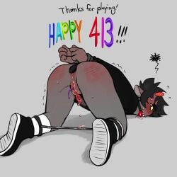 1boy anal_penetration anus arms_behind_back ass asshole ball_gag black_hair bondage cum cuntboy cuntboy_sans_balls dirtydeeric grey_skin handcuffed handcuffs herm hermaphrodite homestuck horns intersex karkat_vantas looking_back_at_viewer male maleherm multi_genitalia orange_horn penis pussy spank_marks spanked_ass spreader_bar tentabulge tentacle troll uncensored unusual_genital_fluids white_socks