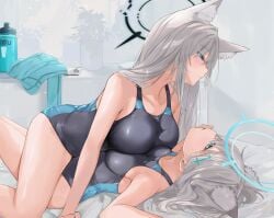 2023 2girls abydos_high_school_student animal_ear_fluff animal_ears big_breasts blue_archive blue_eyes breast_press breasts dema_hmw foreclosure_task_force_(blue_archive) hi_res kemonomimi light-skinned_female light_skin long_hair lying lying_on_back lying_on_person multi_ear shiroko_(blue_archive) shiroko_(swimsuit)_(blue_archive) shiroko_(terror)_(blue_archive) swimsuit swimwear white_hair wolf_ears wolf_girl yuri