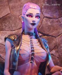 1girls 3d abs areolae big_breasts black_lipstick blender breasts close-up clothing couch detailed_background dusk_(fortnite) epic_games female female_focus female_only fortnite fortnite:_battle_royale glowing glowing_eyes highres jacket jewelry lewdrex lipstick nipples on_couch pale-skinned_female pale_skin pink_eyes pink_hair ponytail presenting presenting_breasts red_eyes room sitting solo watermark