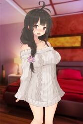 :d ahoge aran_sweater bangs bare_shoulders black_hair blunt_bangs blurry blurry_background blush braid breasts brown_eyes cable_knit collarbone couch depth_of_field female flower game_cg grey_sweater hair_flower hair_ornament hair_over_shoulder indoors large_breasts long_hair long_sleeves looking_at_viewer love_hotel nijigen_kanojo off-shoulder_sweater off_shoulder open_mouth red_bed red_bed_sheet ribbed_sweater single_braid sleeves_past_wrists smile solo standing sweater sweater_dress wooden_floor