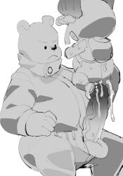 2023 2boys anthro ass balls bear bepo bodily_fluids boner bottomwear clothing cum dot_eyes duo erection gay genital_fluids genitals hat headgear headwear kemono male male_only mammal masshiro minkmen_(one_piece) monochrome one_piece pants penis polar_bear simple_background size_difference slightly_chubby tony_tony_chopper ursine white_background