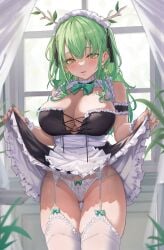 big_ass big_breasts branch branch_horns ceres_fauna ceres_fauna_(3rd_costume) child_bearing_hips deer_horns female female_focus female_only girly green_hair hololive hololive_english hololive_english_-council- hololive_english_-promise- horned_female horned_humanoid horns horny_female light-skinned_male light_skin maid maid_apron maid_bikini maid_headdress maid_outfit naughty naughty_face naughty_smile pale pale-skinned_female pale_skin panties skirt skirt_lift skirt_up smile virtual_youtuber yellow_eyes