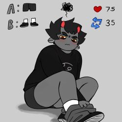 1cuntboy andromorph black_hair blush clothed cuntboy dirtydeeric femboy girly grey_background grey_body grey_skin homestuck horn horns horny intersex karkat_vantas messy_hair red_eyes shoes shorts sitting sitting_down sitting_on_floor socks tagme troll uncensored