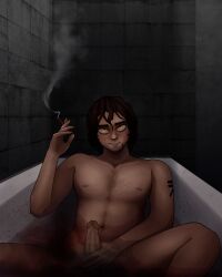 1boy bath bathroom blood boyfriend_to_death brown_hair cigarette dirty extrasmx groin hair hands hip hips lust male male_only masturbation nipples penis smoke smoking_cigarette solo_male strade topless torso torso_hair water yellow_eyes