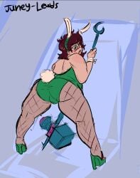 ass back back_view bent_over breasts brown_hair bulge bunny_ears bunny_tail bunnysuit chubby chubby_futanari clothed clothing dickgirl fishnets fully_clothed futanari glasses hammer homestuck human june_egbert juneylewds light_skin long_hair looking_back overweight platform_heels rear_view self_upload solo standing