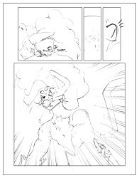 anthro ball_gag bodily_fluids cat_tail closed_eyes comic comic_panel ear_tag eli_(elicazz) elicazzz felid feline female gag gagged_drooling hi_res line_art mammal nude panicked_look poofy_hair raised_tail saliva sleeping snort solo tail waking waking_up wide_eyed