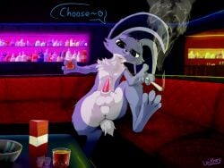 absurd_res alcohol animal_genitalia anthro ass balls bar beverage black_eyes blue_body club_(disambiguation) colored dialogue drugs fake_horns feet furniture genitals hi_res holding_beverage holding_object lagomorph leithey leporid looking_at_viewer looking_down looking_down_at_viewer male mammal marijuana neon_lights penis presenting presenting_hindquarters presenting_penis rabbit shaded sheath sitting small_tail smoke smug sofa solo tail tapering_penis