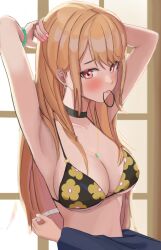 1boy 1girls arms_up bikini blonde_hair blush breasts cleavage gojou_wakana hi_res kitagawa_marin long_hair measuring measuring_tape nervous red_eyes sono_bisque_doll_wa_koi_wo_suru swimsuit