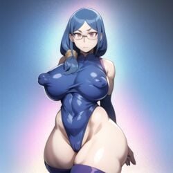 abs ai_generated areola_slip blue_hair female female_only huge_breasts huge_nipples kunaboto_(style) large_areolae little_witch_academia long_hair long_sleeves looking_at_viewer nipples pointer_warrior_ai red_eyes slut solo stable_diffusion standing thick_thighs thong_leotard ursula_callistis venus_body voluptuous