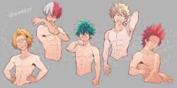 5boys abs bakugou_katsuki blonde_hair denki_kaminari eijirou_kirishima green_hair izuku_midoriya katsuki_bakugou kirishima_eijirou male male_only midoriya_izuku multiple_boys muscles muscular muscular_male my_hero_academia open_mouth red_hair shirtless shirtless_male shouto_todoroki tan_lines tan_skin tanline tonomayo two_tone_hair