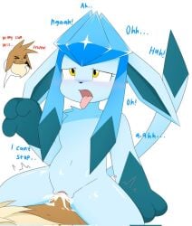 anthro blue_body blue_fur bodily_fluids brown_body brown_fur closed_eyes cowgirl_position cum cum_in_pussy cum_inside dialogue duo eevee eeveelution female female_penetrated from_front_position fur generation_1_pokemon generation_4_pokemon genital_fluids glaceon male male/female male_penetrating male_penetrating_female nakachidragon nintendo on_bottom on_top penetration penile penile_penetration pokemon pokemon_(species) sex tail text yellow_eyes