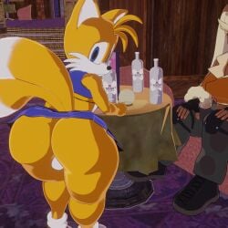 1boy 3d 3d_(artwork) adri164 alcohol anthro ass balls big_ass big_butt blue_eyes bottomwear canid canine cel_shading cheerleader_outfit clothed clothing dat_ass embarrassed fat femboy fingerless_gloves fox fox_tail furry genitals girly hi_res liquor looking_at_viewer looking_back male mammal miniskirt no_underwear rear_view sega shaded skirt sonic_(series) sonic_the_hedgehog_(series) table tails thick_thighs vodka waiter white_balls wide_hips yaoi