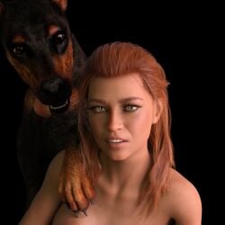 3d amanda_red animal bestiality black_background canine concerned daz_studio dobermann female furry green_eyes implied_nudity jollybizz long_hair looking_at_viewer paw_on_arm paws red_hair simple_background skinny slim_waist unsure zoophilia