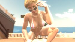 animated bikini blonde_hair cassie_cage cowgirl_position looking_at_viewer looking_over_eyewear looking_over_glasses looking_over_sunglasses mortal_kombat mortal_kombat_11 partial_male pov sfm skeletron27 sound source_filmmaker sunglasses tagme tinted_eyewear video