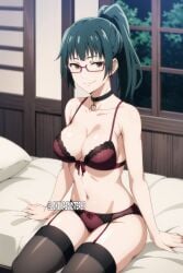 ai_generated brown_eyes collar green_hair jujutsu_kaisen lokokabooster69 looking_at_viewer ponytail red_lingerie sitting_on_bed smiling_at_viewer stockings tagme zenin_maki