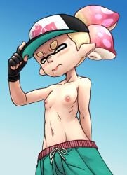 beach blushing cap flat_chest looking_away male_swimwear male_swimwear_challenge midriff nervous nuranura-san pale-skinned_female pearl_(splatoon) pink_nipples ponytail shy small_breasts splatoon splatoon_(series) splatoon_2 sweatdrop tagme topless topless_female