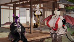 3girls bbw black_hair black_pantyhose blonde_hair cleavage devil_girl devil_horns dragon_girl dragon_horns gigantic_ass gigantic_breasts honey_select_2 huge_ass huge_breasts japanese_house leather_clothing pantyhose panzerr succubus_horns succubus_tail succubus_wings taller_girl white_hair