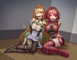 2girls arms_behind_back ball_gag blonde_hair blush bondage bound breasts cleavage drool drooling female female_only femsub fully_clothed gag gagged hi_res long_hair multiple_girls multiple_subs mythra nintendo on_floor pyra red_eyes red_hair restrained rope rope_bondage saliva short_hair stockings t_zhonglang tiara tied tied_up xenoblade_(series) xenoblade_chronicles_2 yellow_eyes