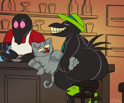 5:4 animated anthro ass avian bar_stool bartender being_watched big_butt bird black_body black_skin cigarette cigarette_holder clothed clothing corvid corvus_(genus) crow duke_(fritz_the_cat) duo fedora felid feline footwear footwear_without_bottomwear fritz_the_cat fritz_the_cat_(character) fur furniture grey_body grey_skin grin hat headgear headwear huge_butt looking_at_another looking_pleasured male male/male mammal markings necktie oscine partially_clothed passerine penetration size_difference smile stool striped_body striped_fur striped_markings stripes tail zyfoh