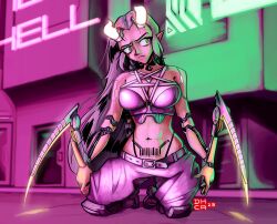 1girls angry arm_blade arm_blades barcode barcode_tattoo bare_midriff breasts cleavage crossover cybernetics cyberpunk cyberpunk_(series) cyberpunk_2077 cyborg cyborg_girl dahlia_(day_of_wrath) day_of_wrath day_of_wrath_(doom_fanfic) delta_halo_control_room demon demon_girl demon_horns demoness doom doom_(series) doom_eternal female female_only frown glowing glowing_horns glowing_weapon horns infinitypilot kneeling large_breasts long_hair mantis_blades mechanical_arm mechanical_arms midriff monster_girl original original_character pants pentagram_bra pentagram_top pink_hair pink_skin pubic_tattoo public punisheddelta robotic_arm robotic_arms solo succubus succubus_horns tattoo weapon yellow_eyes