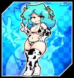 1girls big_breasts bikini breasts colette_(coletteposting) coletteposting cow_ears cow_girl cow_horns cow_print cyan_hair elbow_gloves female horns navel original original_character short_hair smile thick_thighs thighhighs