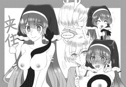 2girls animal_horns animal_tail areolae blush boring_mask breast_focus breasts clothed collarbone ear_grab haniyasushin_keiki hat horn horns keiki_haniyasushin kicchou_yachie long_hair monochrome naked nipple_pinch nipple_play nipples nude open_mouth scales short_hair smile sparkles sweat tail tail_around_breasts tail_between_breasts touhou yuri