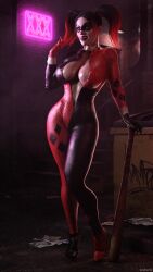 1girls 3d 3d_(artwork) areola_slip baseball_bat batman:_arkham_knight batman_(series) big_breasts bodysuit cleavage dc dc_comics female female_only harley_quinn harley_quinn_(classic) harley_quinn_(injustice) injustice_2 lecherix nipple_bulge open_bodysuit pigtails pokies realistic solo standing voluptuous voluptuous_female