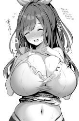 cleavage closed_eyes gigantic_breasts greyscale hands_on_breasts heavy_breathing horny_female idolmaster_shiny_colors japanese_text monochrome navel nervous_smile nose_blush smile sweat sweatdrop text tsukioka_kogane