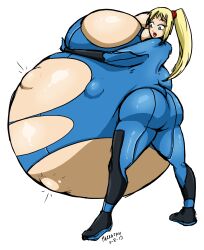 belly_visible_through_legs big_breasts blonde_hair breasts clothing female female_only fetal_movement huge_belly human hyper_pregnancy inflation marrazan metroid nintendo pregnant ready_to_pop samus_aran solo torn_clothes zero_suit