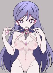 1girls breasts collar eyelashes female female_only goldenfoggy leotard long_hair nipples original original_character pale-skinned_female pale_skin purple_eyes purple_hair thighs transparent_clothing transparent_leotard