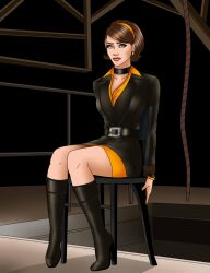 1girls black_boots black_jacket captured cate_archer choker female female_only fully_clothed green_eyes hairband looking_at_viewer no_one_lives_forever orange_dress orange_hairband secret_agent serisabibi short_hair solo spy tied_to_chair