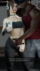 3d before_sex blue_eyes brown_hair capcom claire_redfield clothed dark-skinned_male dark_skin fingering interracial missed_call resident_evil selfie teasing_cuck_with_phone