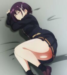 1girls ass ayakashi_triangle breasts closed_eyes clothing kanade_suzu large_ass medium_hair purple_hair screencap skirt thick_ass thick_thighs thighs