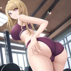 ai_generated akamatsu_kaede ass ass_grab buruma cameltoe danganronpa danganronpa_v3 from_below grabbing_own_ass gym gym_shorts gym_uniform large_ass large_breasts looking_at_viewer looking_back midriff n.c.b_ai shorts sideboob smirk sports_bra stable_diffusion tight_clothing