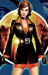 1girls black_choker black_gloves black_jacket cate_archer choker cleavage female female_only fully_clothed hairband looking_at_viewer mature_female no_one_lives_forever orange_dress pistol pistol_in_hand secret_agent short_dress solo spy