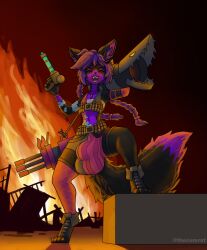 ammo_belt anthro big_penis black_body black_fur boots bottomwear bra braided_hair clothed clothing cosplay detailed_background fire fluffy fluffy_tail footwear front_view fur genitals gun hair hi_res huge_cock hyper hyper_genitalia hyper_penis inner_ear_fluff jewelry jinx_(league_of_legends)_(cosplay) laugh league_of_legends long_hair male multicolored_body multicolored_fur necklace outside penis pose purple_body purple_fur purple_hair ranged_weapon riot_games shorts smile solo tail tattoo thecumrat topwear tuft two_tone_body two_tone_fur underwear weapon