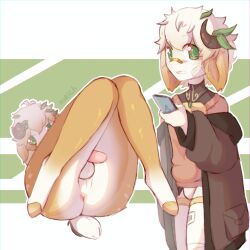 absurd_res anime_eyes anthro anus balls bovid caprine clothed clothing cute_expression cute_eyes femboy genitals girly goat hi_res horn male male_only mammal penis shy solo solo_focus yukidrimurr