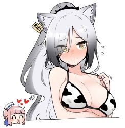 2girls @_@ animal_ears animal_print arknights bare_shoulders bikini blush breasts cat_ears ceylon_(arknights) chibi chibi_inset cleavage collarbone cow_print cropped_torso ear_tag embarrassed eyes_visible_through_hair feather_hair gradient_hair hair_over_one_eye halterneck highres junsuina_fujunbutsu large_breasts long_hair looking_at_viewer multicolored_hair multiple_girls nose_blush ponytail schwarz_(arknights) silver_hair simple_background strap_pull string_bikini swimsuit white_background white_bikini