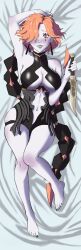 1girls armpits artist_kiwi bare_arms bare_midriff bed black_nails breasts censored cleavage dakimakura dakimakura_design earrings female female_only fire_emblem fire_emblem:_three_houses grey_lips grey_lipstick grin hair_over_one_eye knife kronya_(fire_emblem) large_breasts lipstick long_hair looking_at_viewer midriff nail_polish nintendo on_back on_bed orange_hair red_eyes short_hair smile solo tail very_long_hair weapon