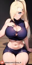 ai_generated arm_on_breast arm_support big_breasts blonde_hair blue_eyes cleavage cleavage_cutout creamy_ai crop_top curvy female female_only hi_res ino_yamanaka long_hair looking_at_viewer midriff naruto naruto_(series) naruto_shippuden navel patreon_username ponytail sitting skirt smile thick_thighs thighs wide_hips