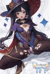 ai_generated bodysuit genshin_impact green_eyes leotard leotard_aside mona_(genshin_impact) touchfluffytails witch witch_hat