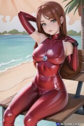 1girls ai_generated alternate_costume beach brown_hair cameltoe elbow_gloves female female_only gloves gravity_falls green_eyes latex latex_bodysuit latex_gloves looking_at_viewer ltxdiffusion medium_breasts red_bodysuit sitting sitting_on_bench skin_tight solo solo_female stable_diffusion tight_clothing turtleneck wendy_corduroy