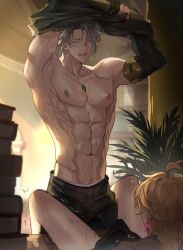 abs aether_(genshin_impact) alhaitham_(genshin_impact) bulge_through_clothing gay genshin_impact ha_ze male male_only removing_clothing shaking sweat tagme yaoi