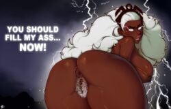 1girls anus ass dark-skinned_female dark_skin dat_ass earrings electricity english_text female homo_superior human human_only looking_at_viewer looking_back marvel marvel_comics meme modern_outfit_(storm) ororo_munroe pubic_hair pussy randomboobguy storm_(x-men) superheroine uncensored white_eyes white_hair x-men