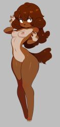 anthro blush breasts brown_body brown_fur brown_hair canid canine female fur genitals hair hi_res mammal niniidawns nipples nude pawpads pussy simple_background small_breasts solo