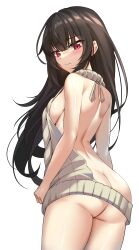 absurdres ass backless_outfit bare_arms bare_back bare_shoulders blunt_bangs blush breasts butt_crack closed_mouth counter:side dot_nose elze_(s01047480836) female highres korean_commentary legs_together long_hair looking_at_viewer looking_back medium_breasts meme_attire no_panties red_eyes shiny_skin sideboob simple_background solo standing thighs topless virgin_killer_sweater wavy_mouth white_background xiao_lin_(counter:side)