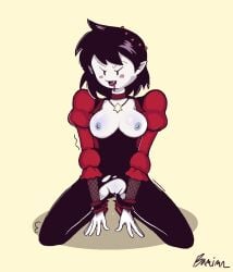 adventure_time bamimn_ black_hair blush blushing breasts breasts_out choker clothed clothed_female clothing dripping_pussy drooling female female_only fionna_and_cake grey_skin kneeling marceline marceline_abadeer marceline_the_vampire_queen pussy solo solo_focus the_star_(fionna_and_cake) vampire wet_pussy