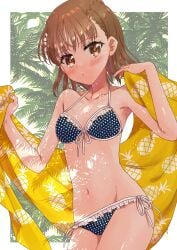 1girls 2020s 2021 ayuko_(ayuko54bornthisway) bare_shoulders bikini black_bikini blurry blurry_background breasts brown_eyes brown_hair brunette collarbone cowboy_shot dappled_sunlight female front-tie_top hair_flower hair_ornament halterneck hi_res hips looking_at_viewer matching_hair/eyes misaka_mikoto navel pineapple_print polka_dot polka_dot_bikini short_hair side-tie_bikini_bottom small_breasts solo standing string_bikini sunlight swimsuit teenage_girl teenager to_aru_kagaku_no_railgun to_aru_majutsu_no_index towel young